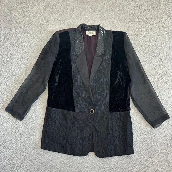 Vintage 90s Black Sequin Tuxedo Blazer Jacquard Lace Velvet Sheer Multi media - Picture 12 of 16